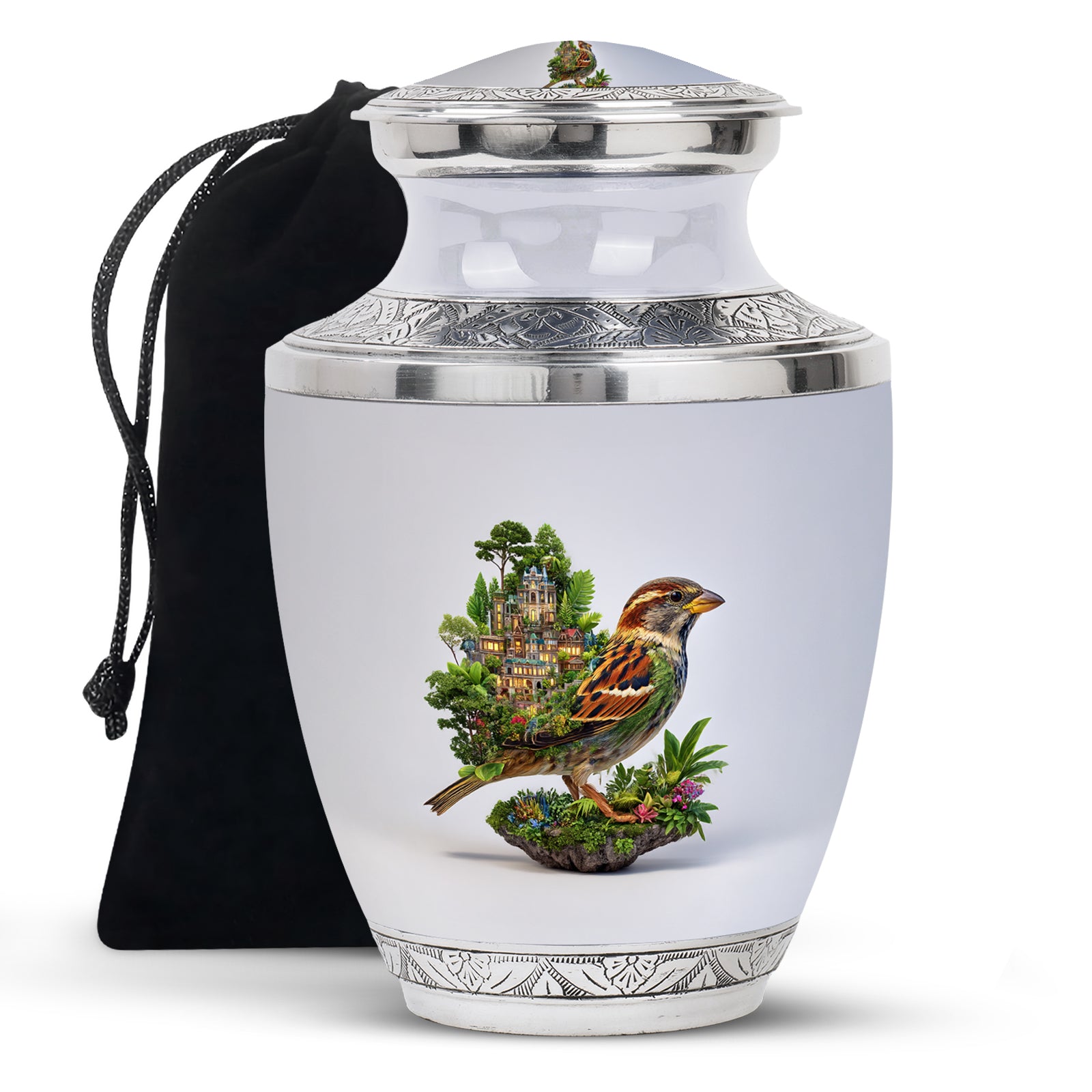 Nature Bird Funeral Urn - White Artistic Cremation Urn for Adult Ashes