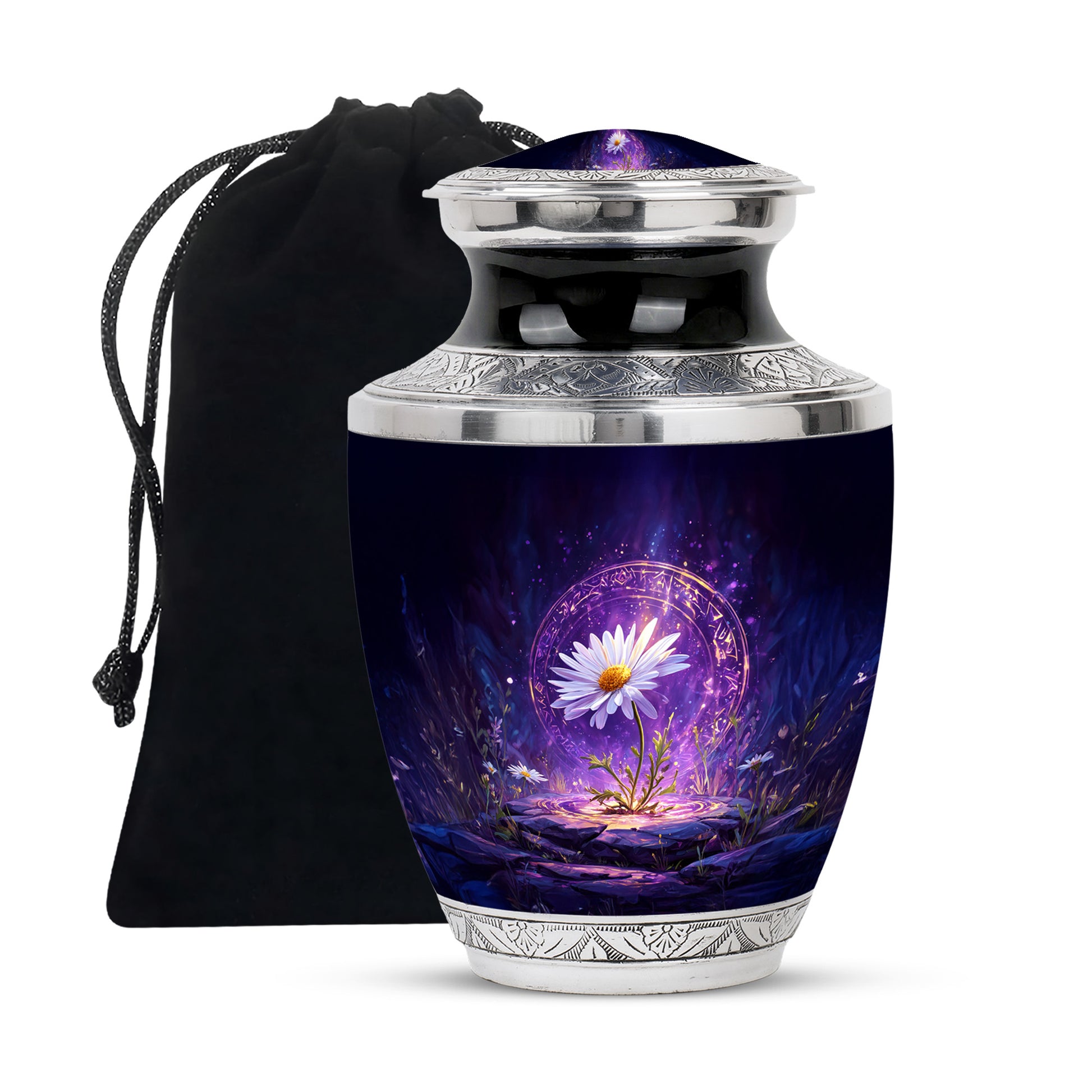 White Daisy Funeral Urn - Purple Cremation Urn For Adult Ashes