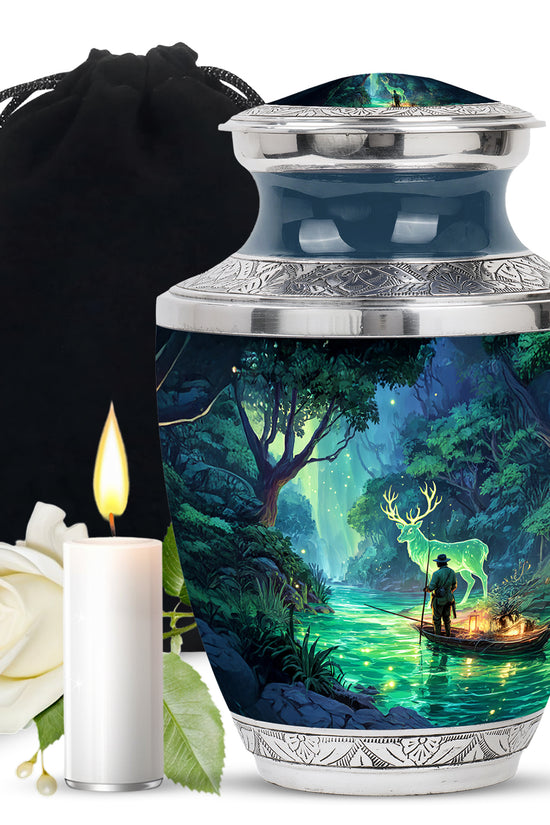 Serene Forest River Deer Memorial Urn - Fisherman Memorial Urn For Adult Ashes
