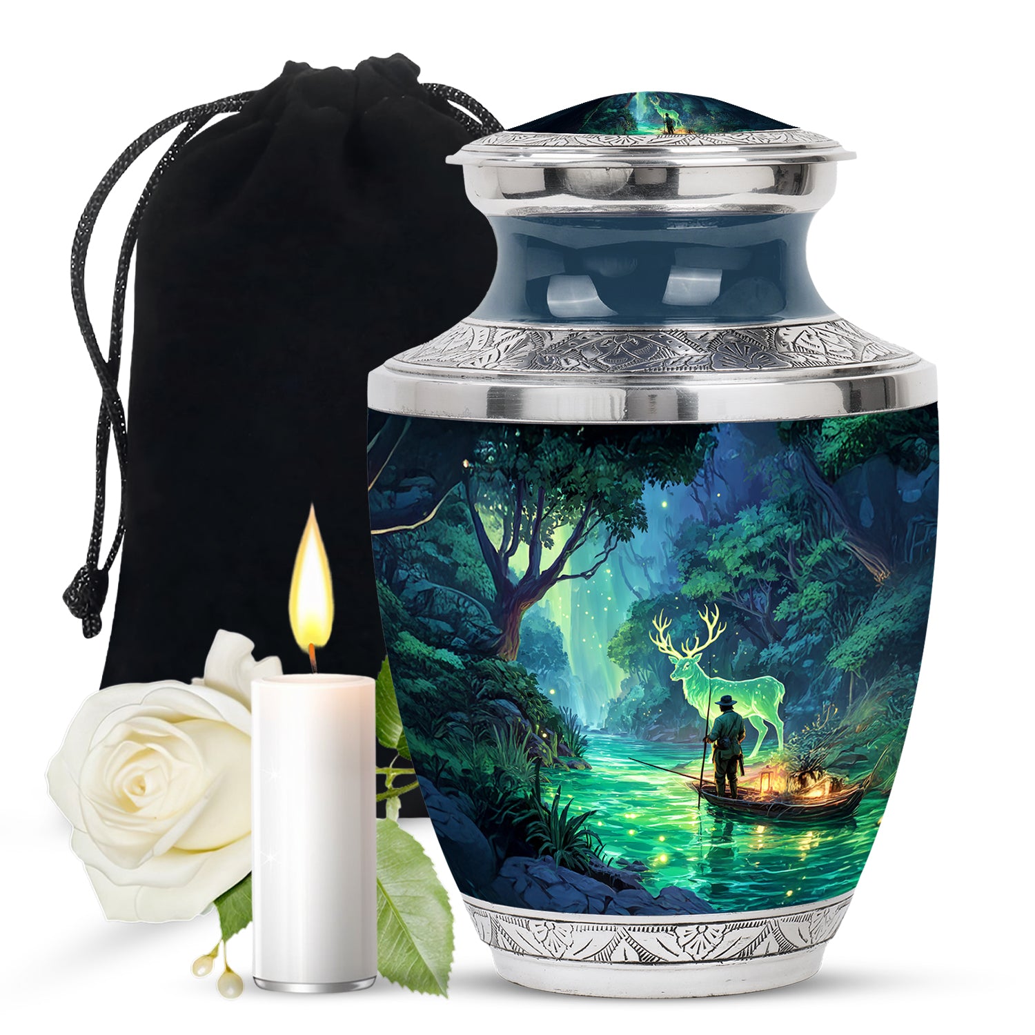 Serene Forest River Deer Memorial Urn - Fisherman Memorial Urn For Adult Ashes