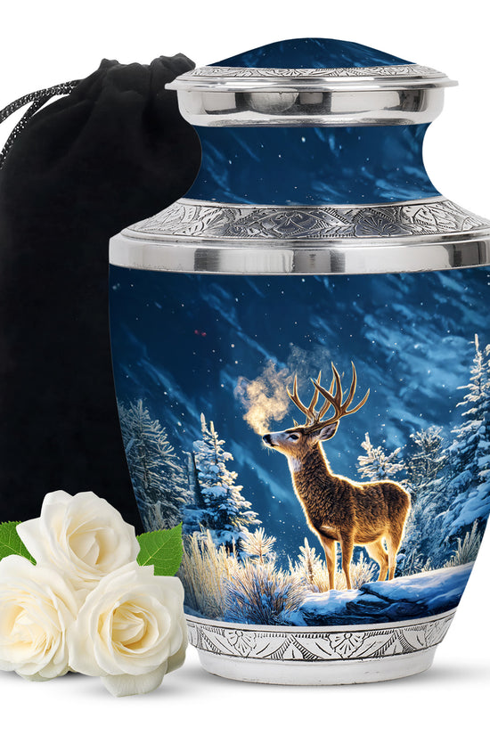 Winter Wildlife Deer Theme Funeral Urn - Aluminium Memorial Urn For Burial