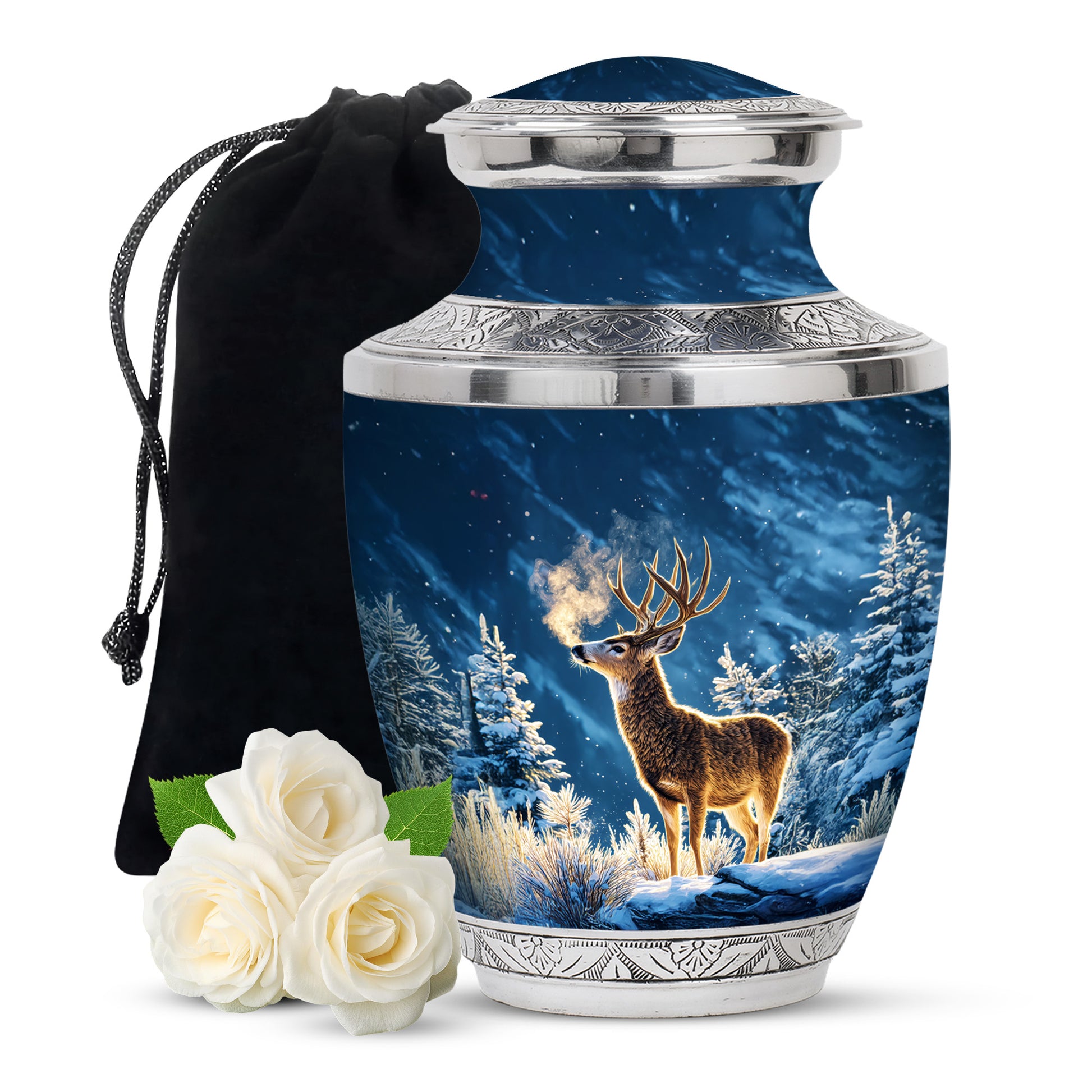 Winter Wildlife Deer Theme Funeral Urn - Aluminium Memorial Urn For Burial