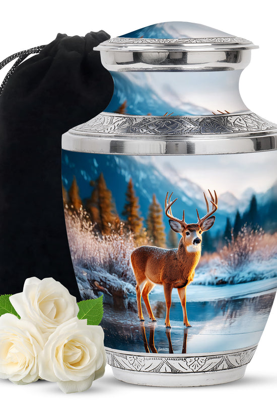Nature Deer Funeral Urn - Winter Frozen Lake Memorial Urn For Loved Ones