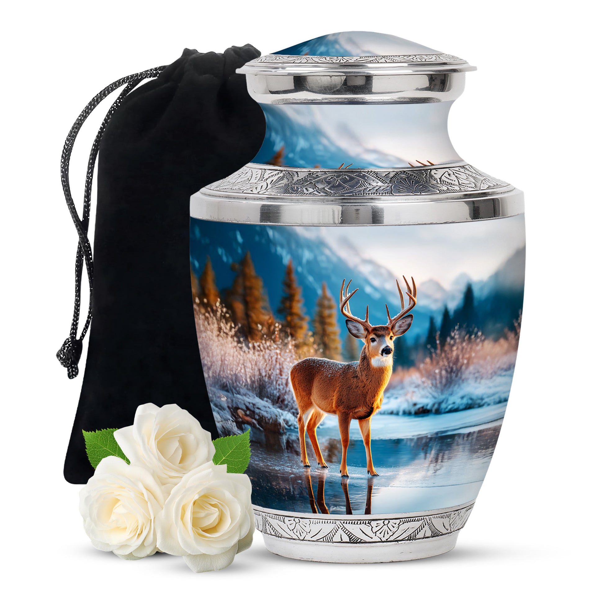 Nature Deer Funeral Urn - Winter Frozen Lake Memorial Urn For Loved Ones