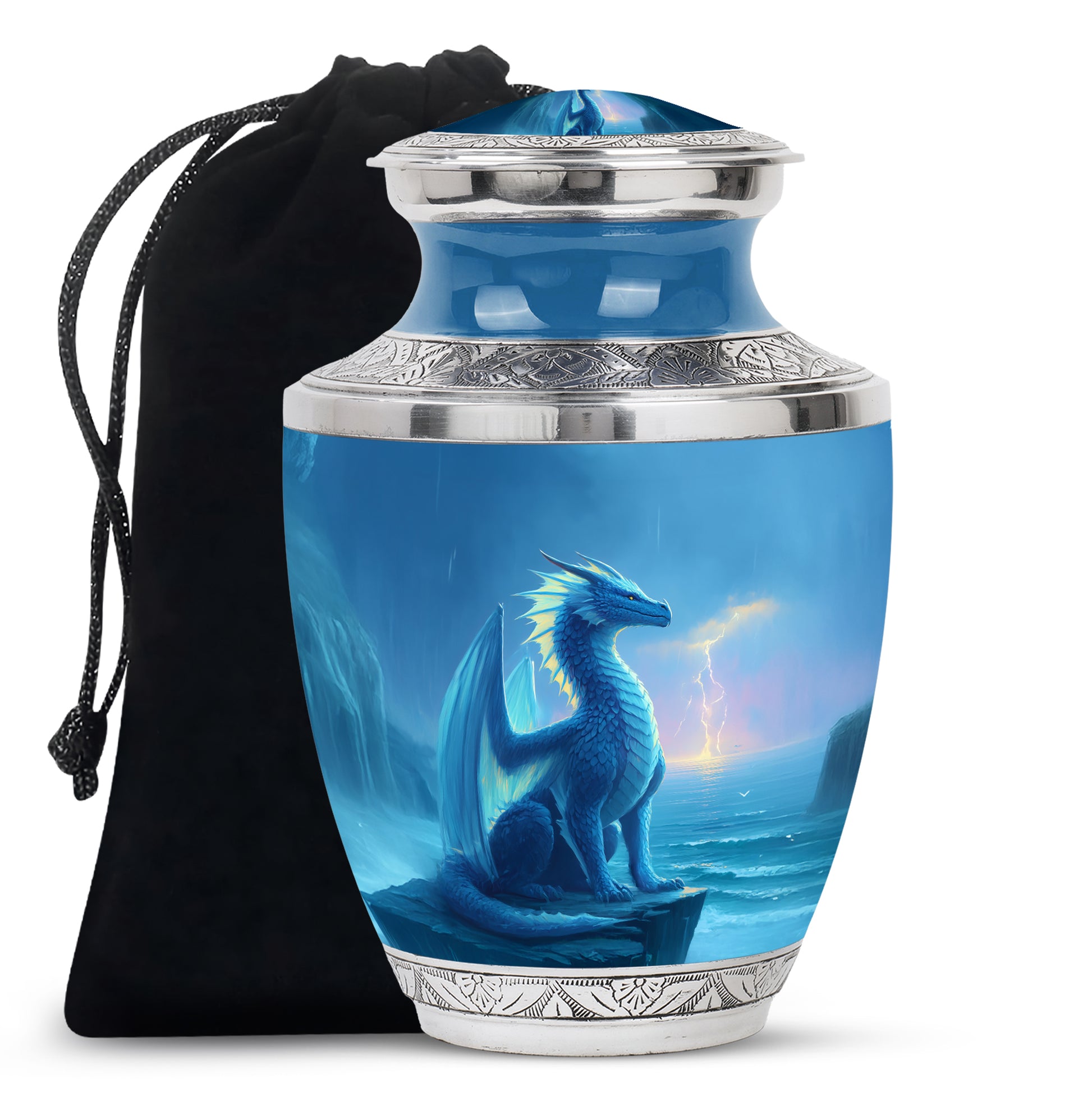 Blue Dragon Cremation Urn - Blue Aluminium Funeral Urn For Ashes
