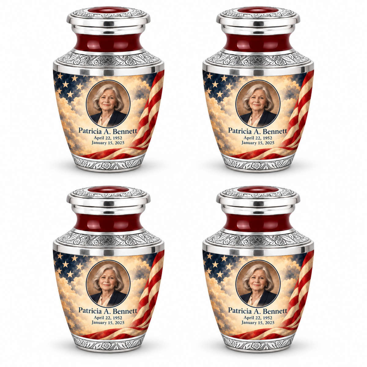 Personalized American flag Tasty urn, 4 Keepsake 3 inch Urns; sample portrait and memorial text