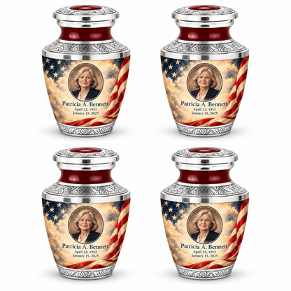 Personalized American flag Tasty urn, 4 Keepsake 3 inch Urns; sample portrait and memorial text