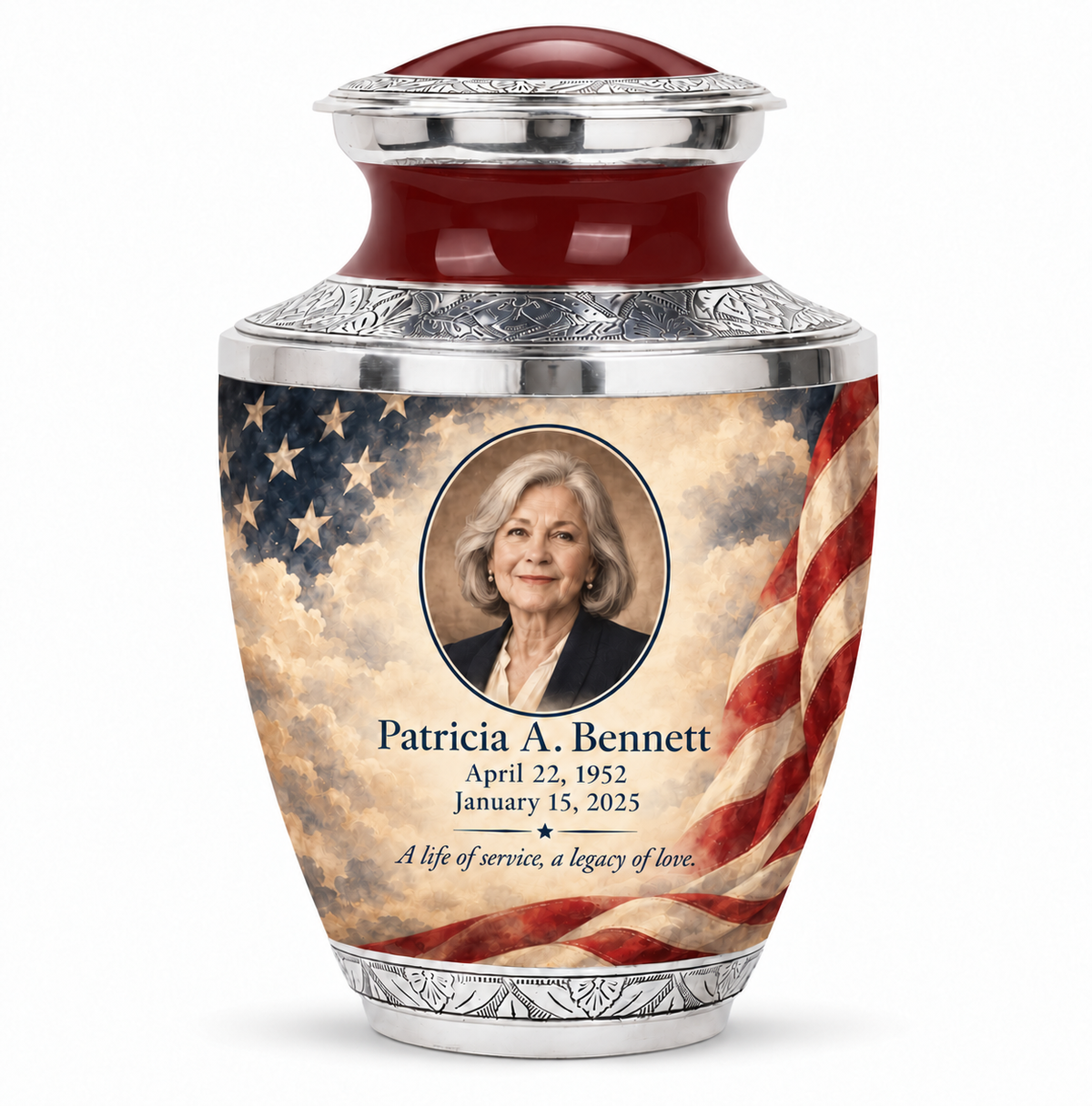 Personalized American flag Tasty urn, 10 inch large Urn; sample portrait and memorial text
