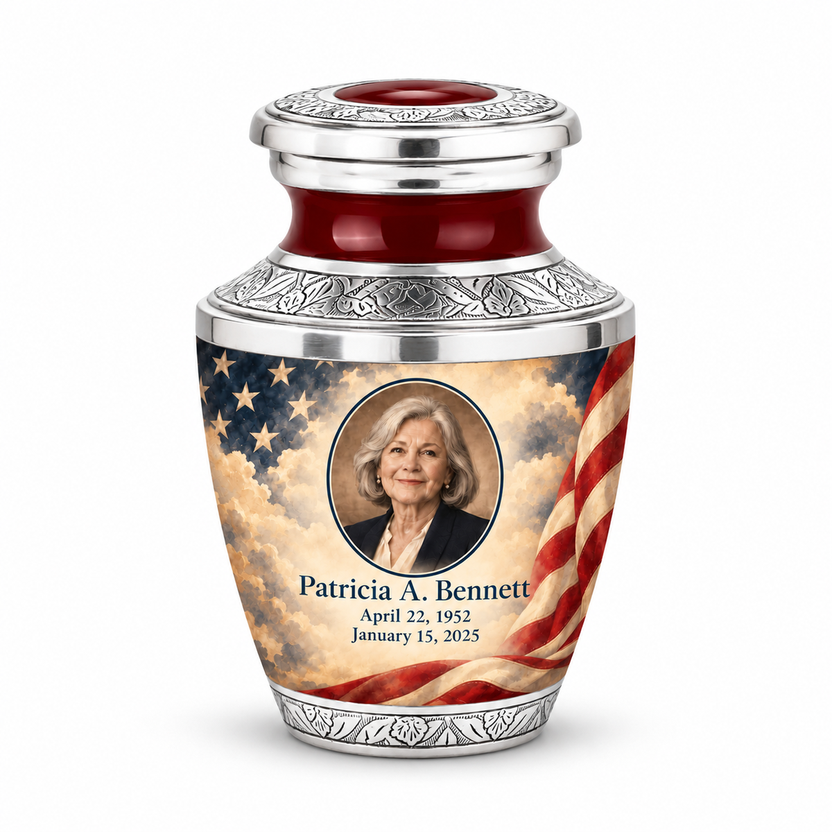 Personalized American flag Tasty urn, 1 Keepsake 3 inch Urn; sample portrait and memorial text
