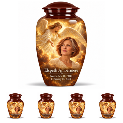 10 inch large Urn with 4 Keepsake 3 Inch Urns, Classic guardian angel memorial urn with amber cloudlight and Elspeth Ambermere photo and dates.