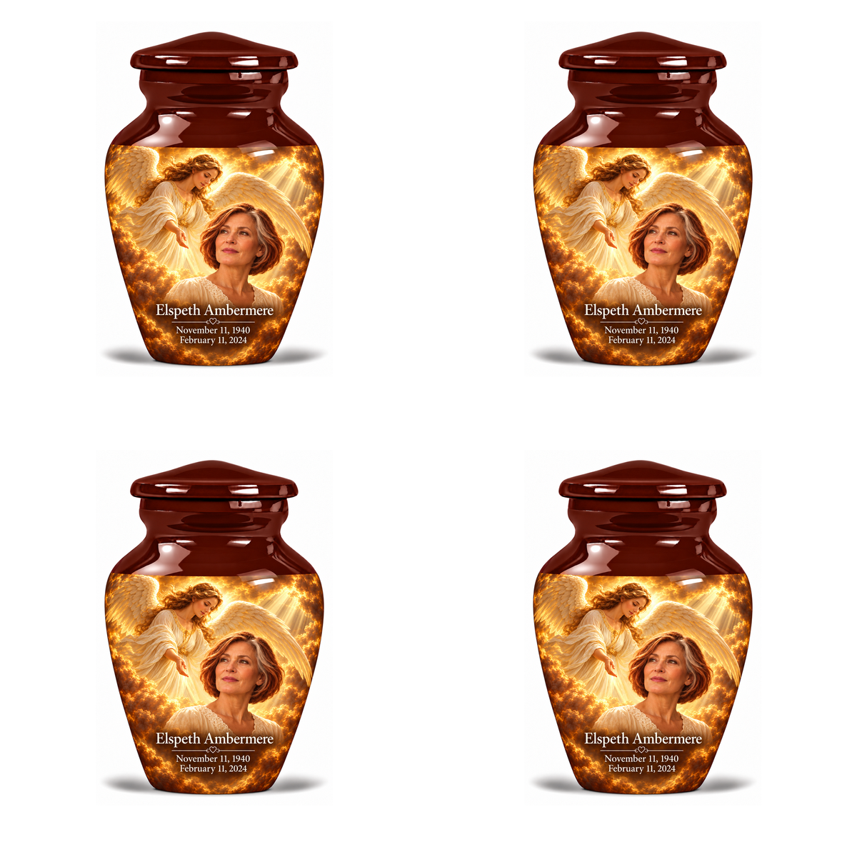 4 Keepsake 3 inch Urns, Classic guardian angel memorial urn with amber cloudlight and Elspeth Ambermere photo and dates.