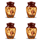 4 Keepsake 3 inch Urns, Classic guardian angel memorial urn with amber cloudlight and Elspeth Ambermere photo and dates.