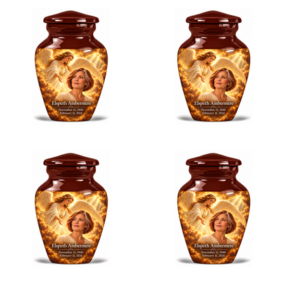 4 Keepsake 3 inch Urns, Classic guardian angel memorial urn with amber cloudlight and Elspeth Ambermere photo and dates.