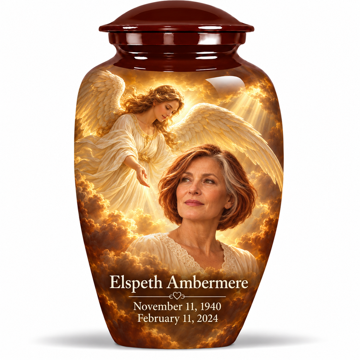 10 inch large Urn, Classic guardian angel memorial urn with amber cloudlight and Elspeth Ambermere photo and dates.