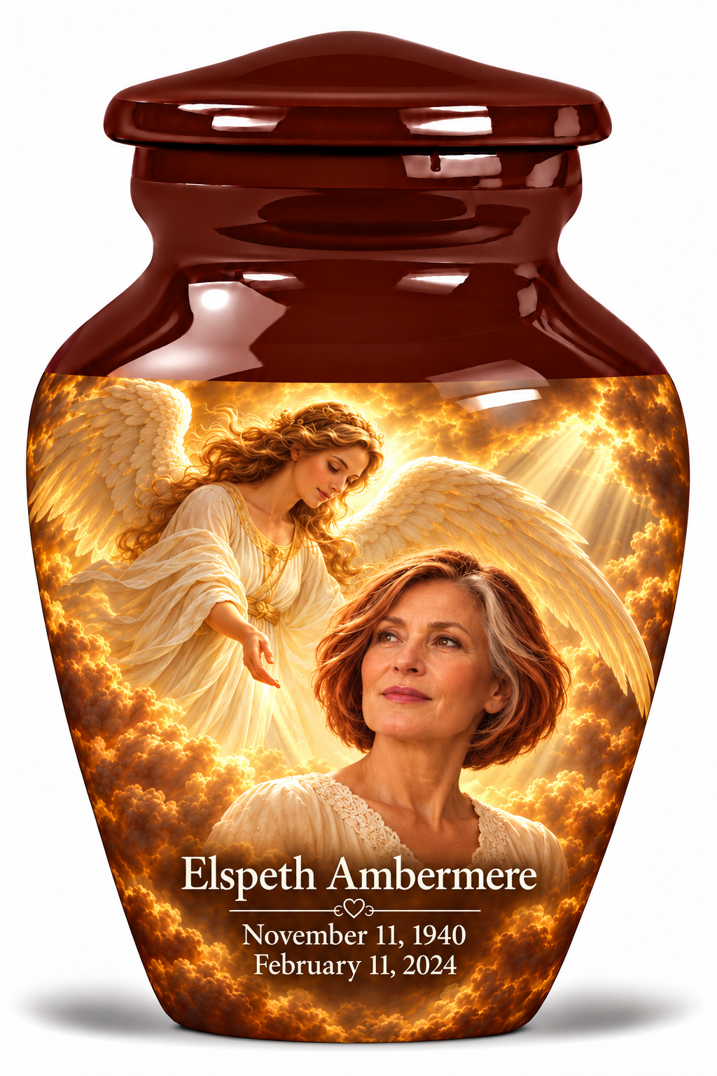 1 Keepsake 3 inch Urn, Classic guardian angel memorial urn with amber cloudlight and Elspeth Ambermere photo and dates.