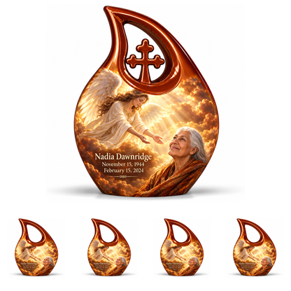 10 inch large Urn with 4 Keepsake 3 Inch Urns, Cross Drop guardian angel memorial urn with amber cloudlight and Nadia Dawnridge photo and dates.