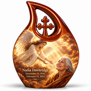 10 inch large Urn, Cross Drop guardian angel memorial urn with amber cloudlight and Nadia Dawnridge photo and dates.