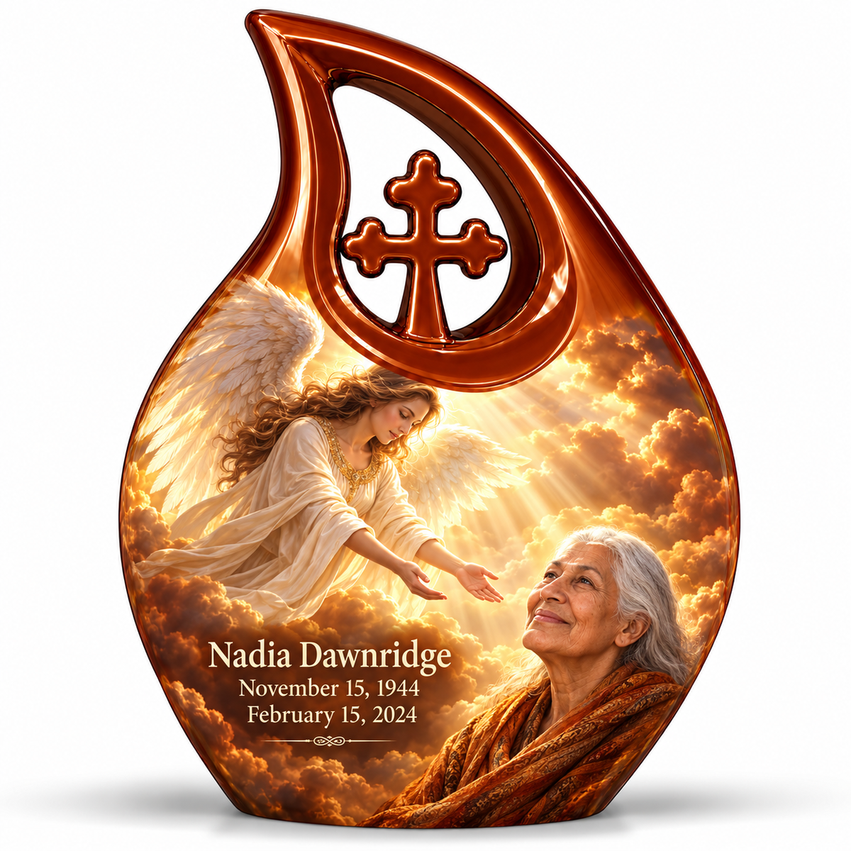 10 inch large Urn, Cross Drop guardian angel memorial urn with amber cloudlight and Nadia Dawnridge photo and dates.