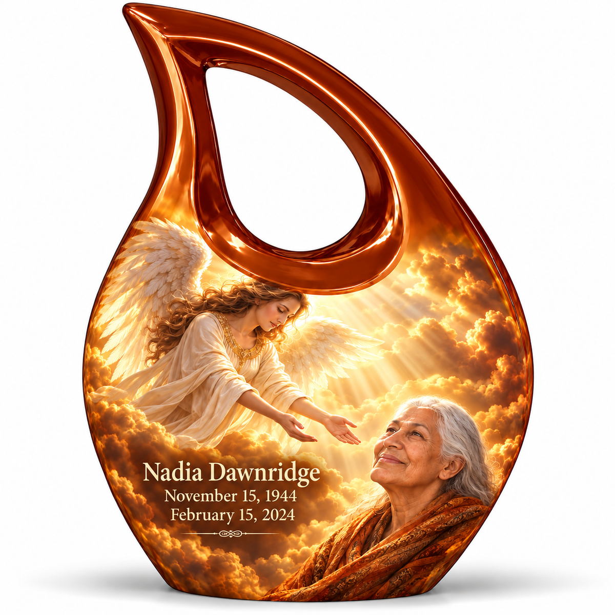 1 Keepsake 3 inch Urn, Cross Drop guardian angel memorial urn with amber cloudlight and Nadia Dawnridge photo and dates.