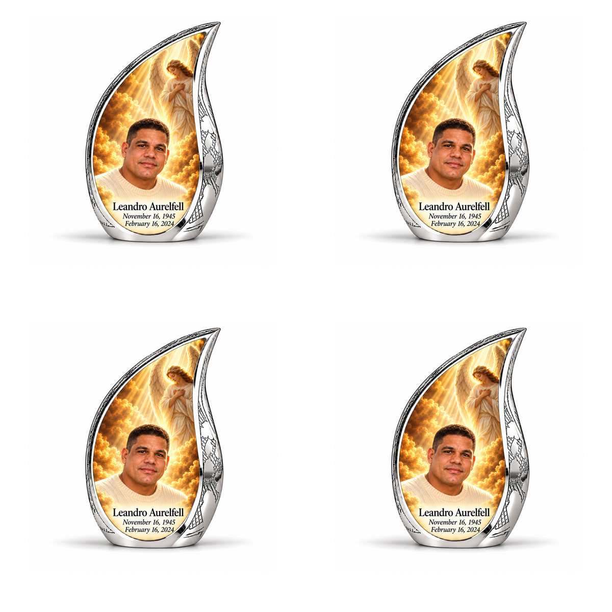 4 Keepsake 3 inch Urns, Curved Drop guardian angel memorial urn with amber cloudlight and Leandro Aurelfell photo and dates.