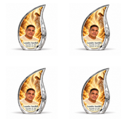 4 Keepsake 3 inch Urns, Curved Drop guardian angel memorial urn with amber cloudlight and Leandro Aurelfell photo and dates.