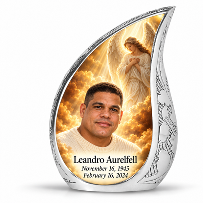 10 inch large Urn, Curved Drop guardian angel memorial urn with amber cloudlight and Leandro Aurelfell photo and dates.