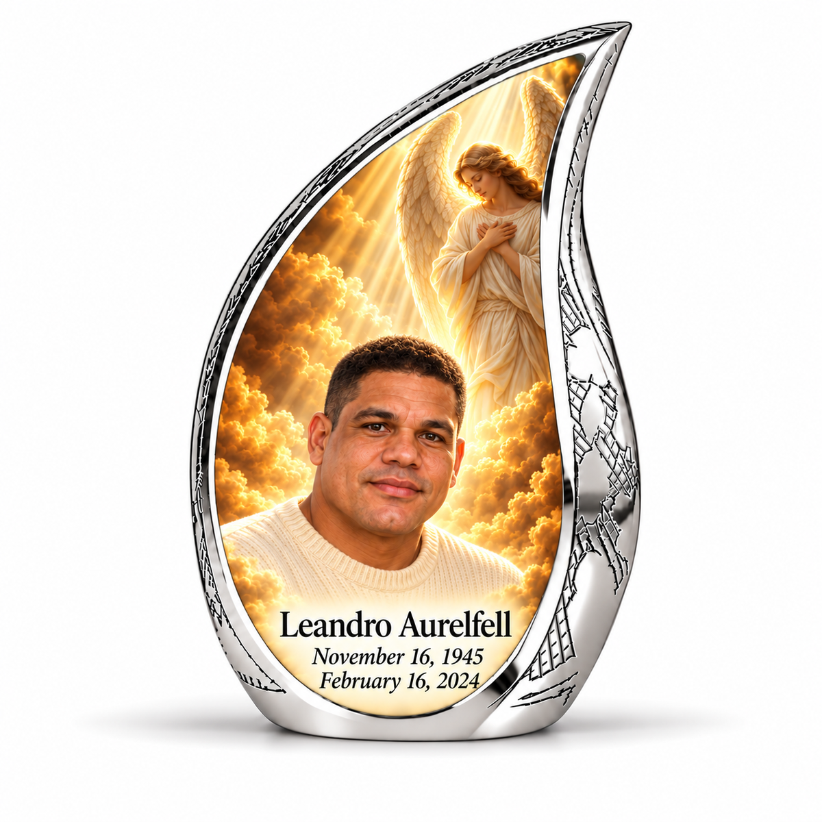 1 Keepsake 3 inch Urn, Curved Drop guardian angel memorial urn with amber cloudlight and Leandro Aurelfell photo and dates.