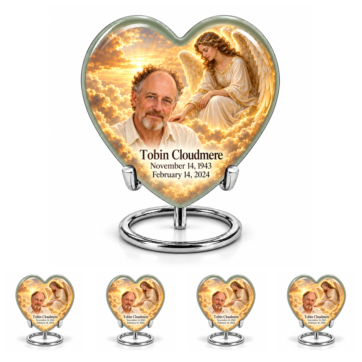 10 inch large Urn with 4 Keepsake 3 Inch Urns, Heart guardian angel memorial urn with amber cloudlight and Tobin Cloudmere photo and dates.