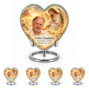 10 inch large Urn with 4 Keepsake 3 Inch Urns, Heart guardian angel memorial urn with amber cloudlight and Tobin Cloudmere photo and dates.