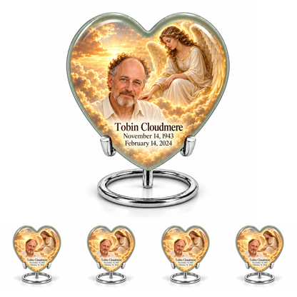 10 inch large Urn with 4 Keepsake 3 Inch Urns, Heart guardian angel memorial urn with amber cloudlight and Tobin Cloudmere photo and dates.
