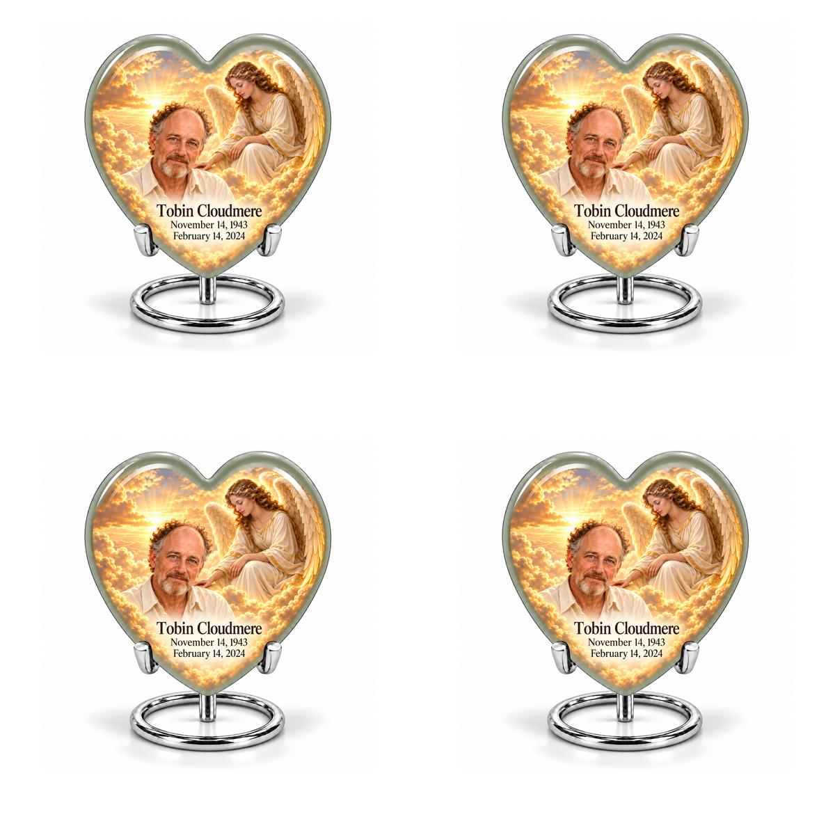 4 Keepsake 3 inch Urns, Heart guardian angel memorial urn with amber cloudlight and Tobin Cloudmere photo and dates.