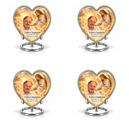 4 Keepsake 3 inch Urns, Heart guardian angel memorial urn with amber cloudlight and Tobin Cloudmere photo and dates.