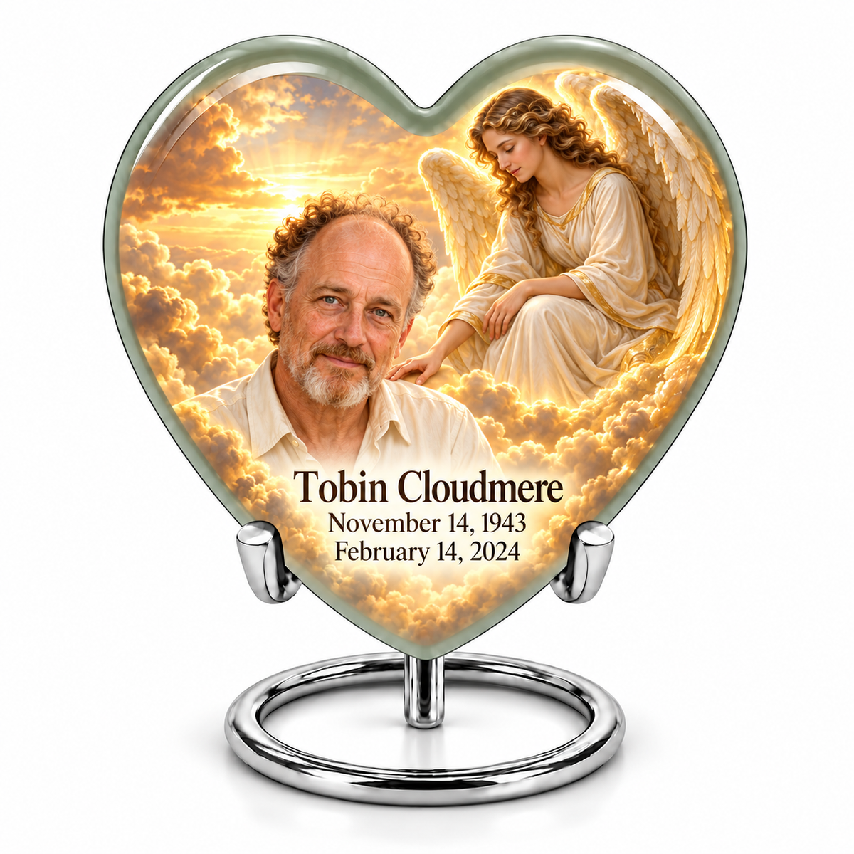 10 inch large Urn, Heart guardian angel memorial urn with amber cloudlight and Tobin Cloudmere photo and dates.