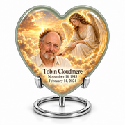 10 inch large Urn, Heart guardian angel memorial urn with amber cloudlight and Tobin Cloudmere photo and dates.