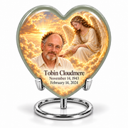 1 Keepsake 3 inch Urn, Heart guardian angel memorial urn with amber cloudlight and Tobin Cloudmere photo and dates.