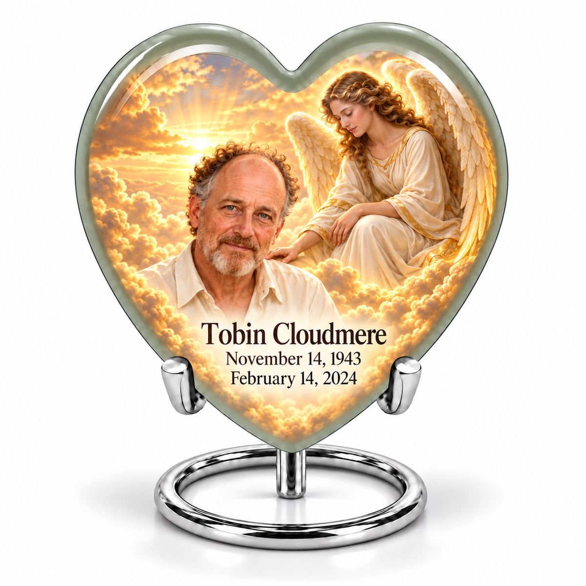 1 Keepsake 3 inch Urn, Heart guardian angel memorial urn with amber cloudlight and Tobin Cloudmere photo and dates.