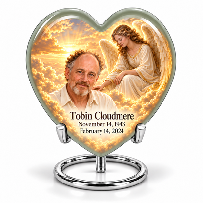 1 Keepsake 3 inch Urn, Heart guardian angel memorial urn with amber cloudlight and Tobin Cloudmere photo and dates.