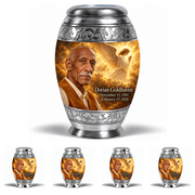 10 inch large Urn with 4 Keepsake 3 Inch Urns, Monar guardian angel memorial urn with amber cloudlight and Dorian Goldhaven photo and dates.