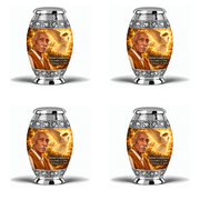 4 Keepsake 3 inch Urns, Monar guardian angel memorial urn with amber cloudlight and Dorian Goldhaven photo and dates.