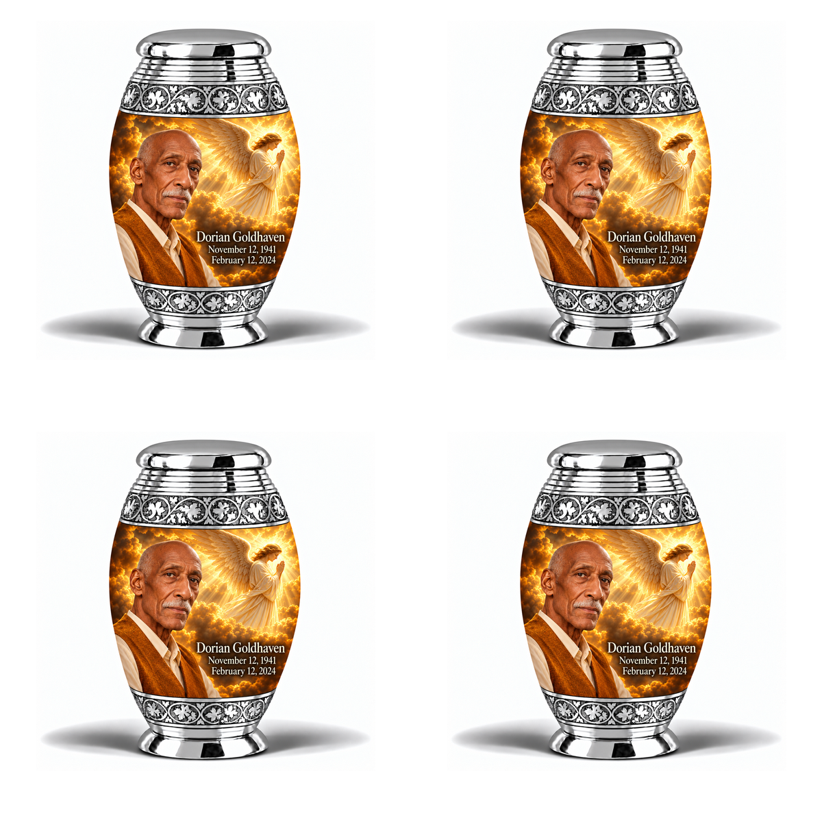 4 Keepsake 3 inch Urns, Monar guardian angel memorial urn with amber cloudlight and Dorian Goldhaven photo and dates.