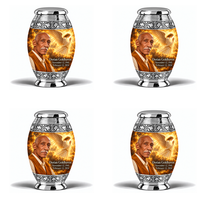 4 Keepsake 3 inch Urns, Monar guardian angel memorial urn with amber cloudlight and Dorian Goldhaven photo and dates.
