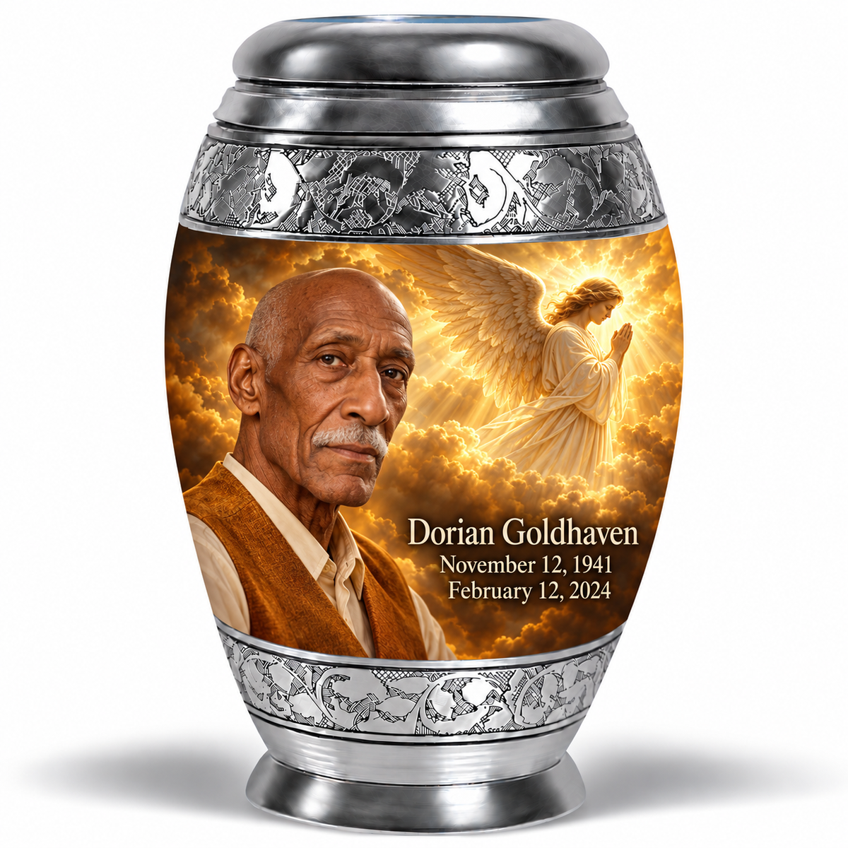10 inch large Urn, Monar guardian angel memorial urn with amber cloudlight and Dorian Goldhaven photo and dates.