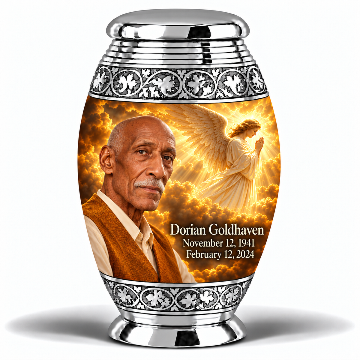 1 Keepsake 3 inch Urn, Monar guardian angel memorial urn with amber cloudlight and Dorian Goldhaven photo and dates.