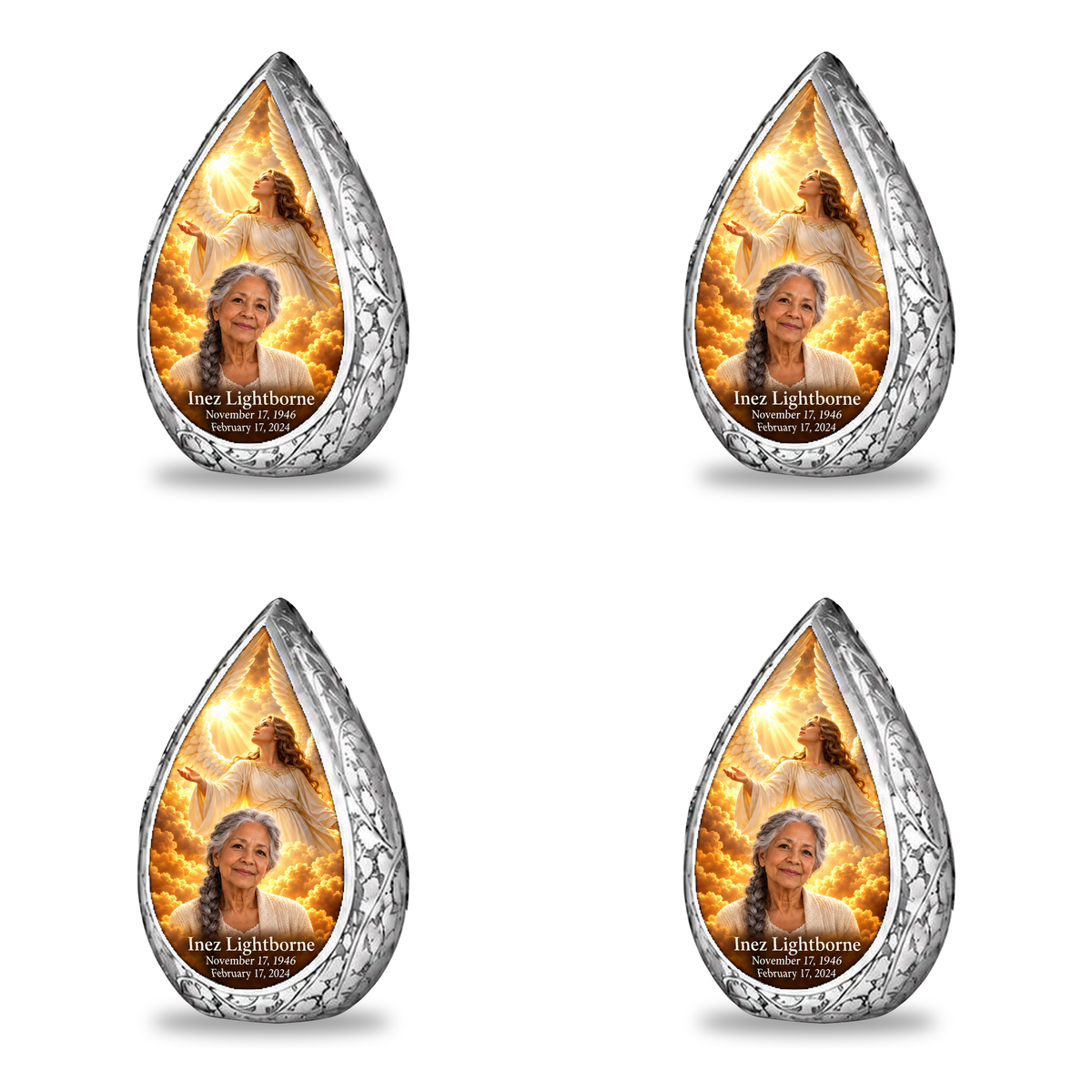 4 Keepsake 3 inch Urns Straight Drop memorial urn, guardian angel in amber cloudlight, Inez Lightborne portrait and full memorial dates, white background.