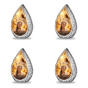 4 Keepsake 3 inch Urns Straight Drop memorial urn, guardian angel in amber cloudlight, Inez Lightborne portrait and full memorial dates, white background.