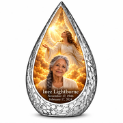 10 inch large Urn Straight Drop memorial urn, guardian angel in amber cloudlight, Inez Lightborne portrait and full memorial dates, white background.