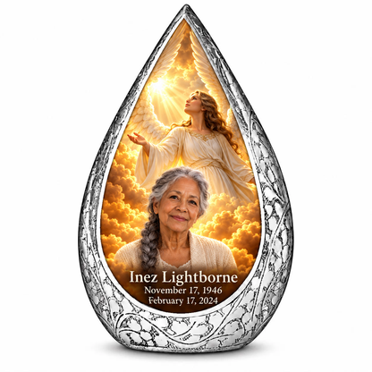 10 inch large Urn Straight Drop memorial urn, guardian angel in amber cloudlight, Inez Lightborne portrait and full memorial dates, white background.