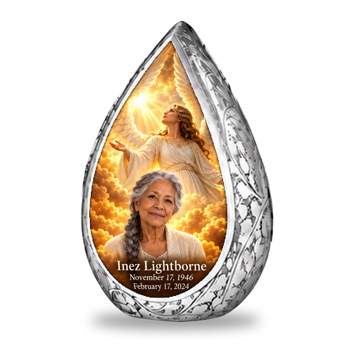 1 Keepsake 3 inch Urn Straight Drop memorial urn, guardian angel in amber cloudlight, Inez Lightborne portrait and full memorial dates, white background.