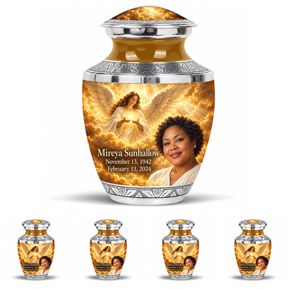 10 inch large Urn with 4 Keepsake 3 Inch Urns, Tasty guardian angel memorial urn with amber cloudlight and Mireya Sunhallow photo and dates.