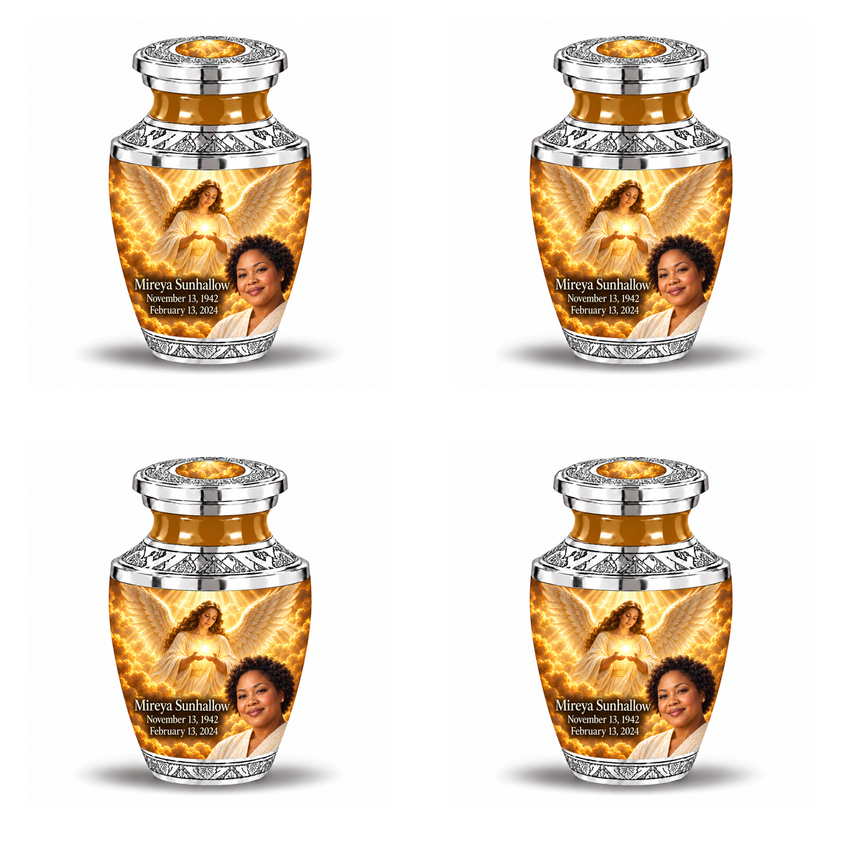 4 Keepsake 3 inch Urns, Tasty guardian angel memorial urn with amber cloudlight and Mireya Sunhallow photo and dates.